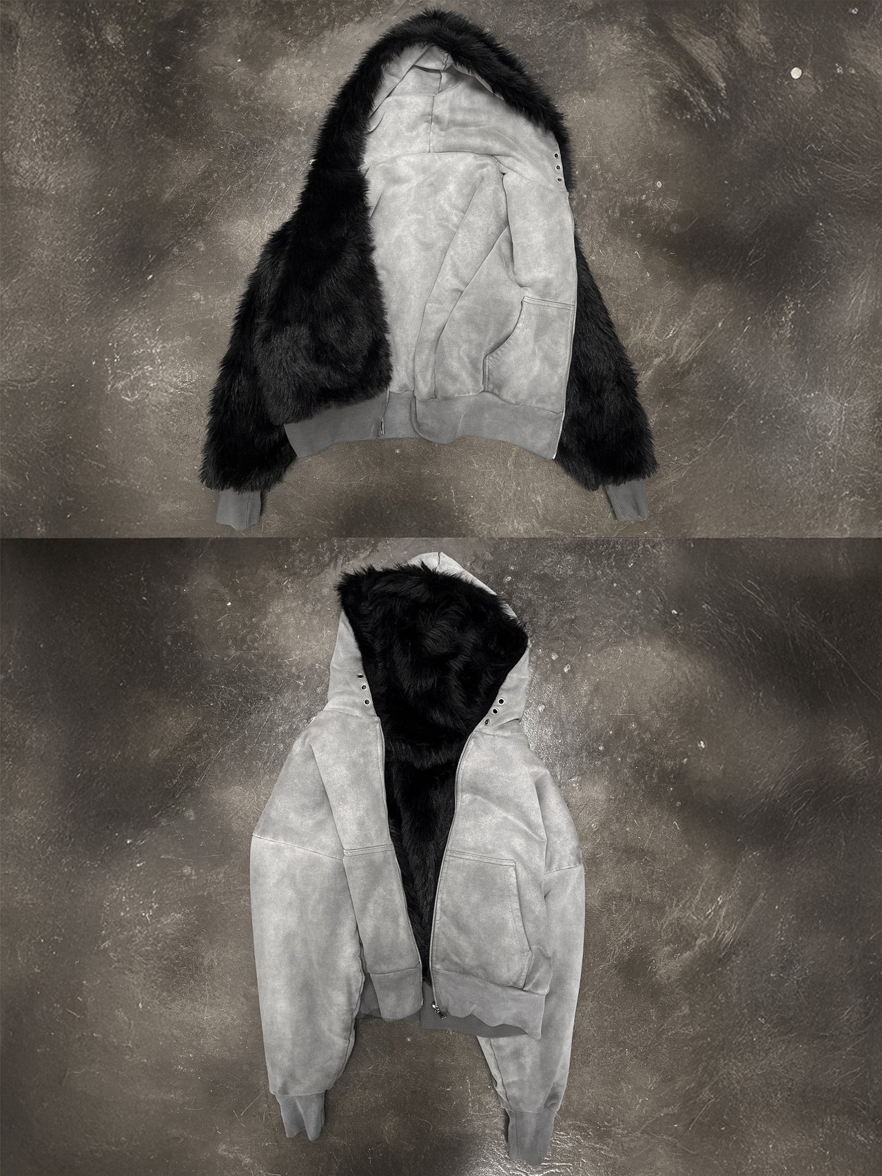 WASHED YETI FUR REVERSIBEL ZIP HOODIE JACKET