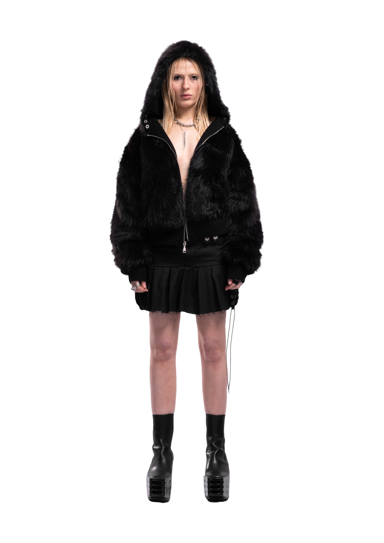 BLACK YETI FUR REVERSIBEL ZIP HOODIE JACKET