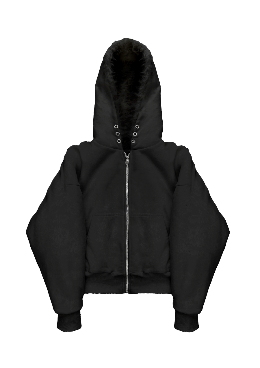 BLACK YETI FUR REVERSIBEL ZIP HOODIE JACKET