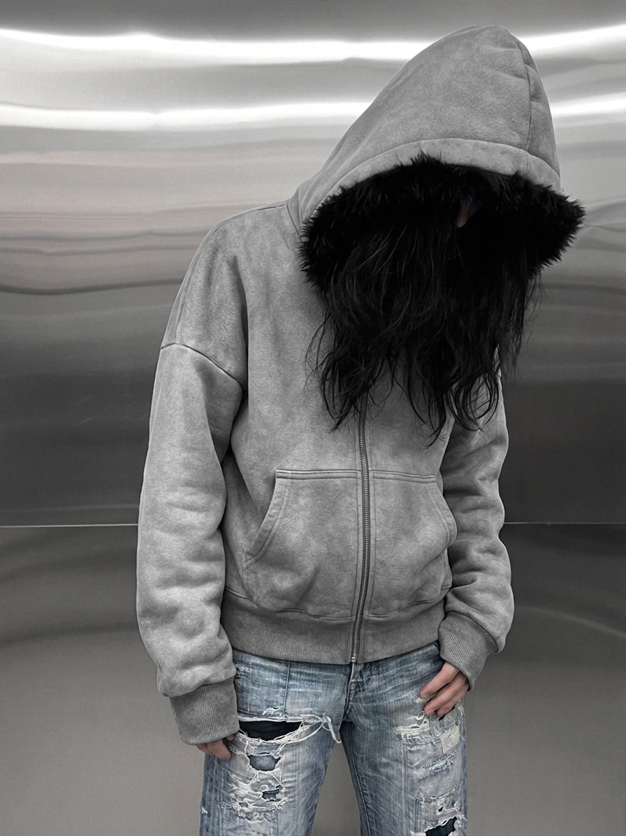 WASHED YETI FUR REVERSIBEL ZIP HOODIE JACKET - Society De Nobodies